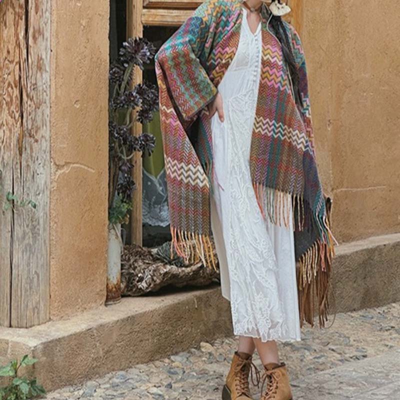 Buddha Stones Tibetan Shawl Colorful Wavy Striped Shapes Tassels Winter Cozy Travel Scarf Wrap - image 18