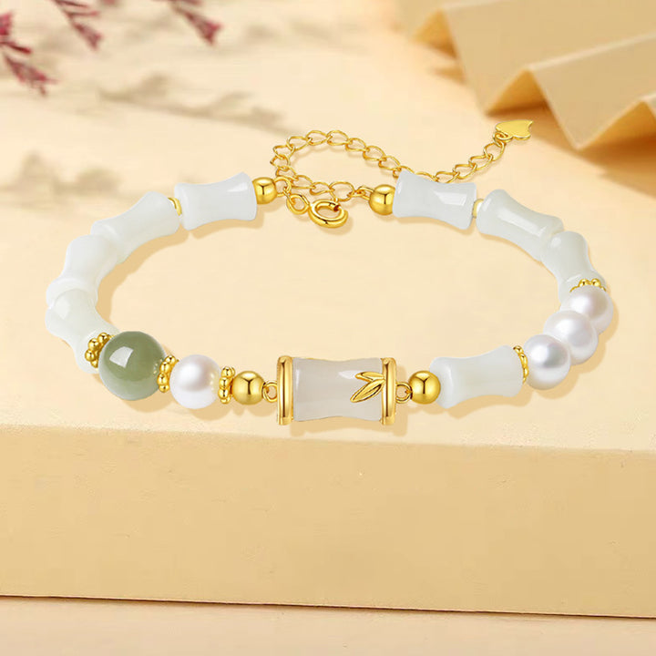 Buddha Stones 925 Sterling Silver Natural Hetian White Jade Bamboo Luck Blessing Bracelet - image 5