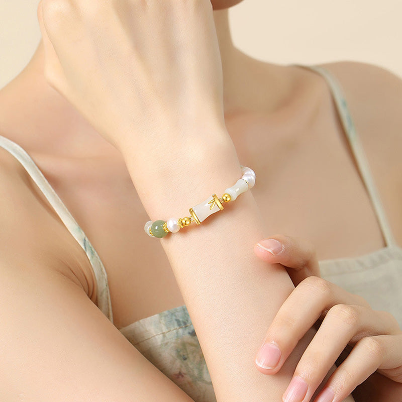 Buddha Stones 925 Sterling Silver Natural Hetian White Jade Bamboo Luck Blessing Bracelet - image 6