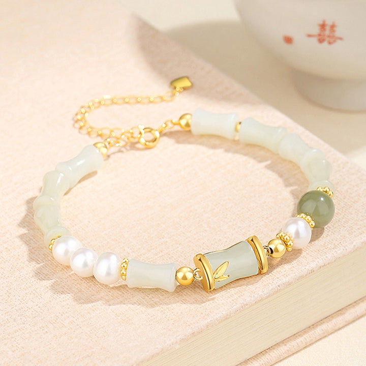 Buddha Stones 925 Sterling Silver Natural Hetian White Jade Bamboo Luck Blessing Bracelet - image 1