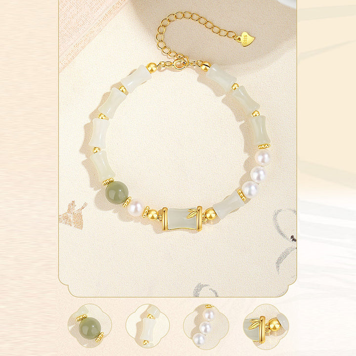 Buddha Stones 925 Sterling Silver Natural Hetian White Jade Bamboo Luck Blessing Bracelet - image 10