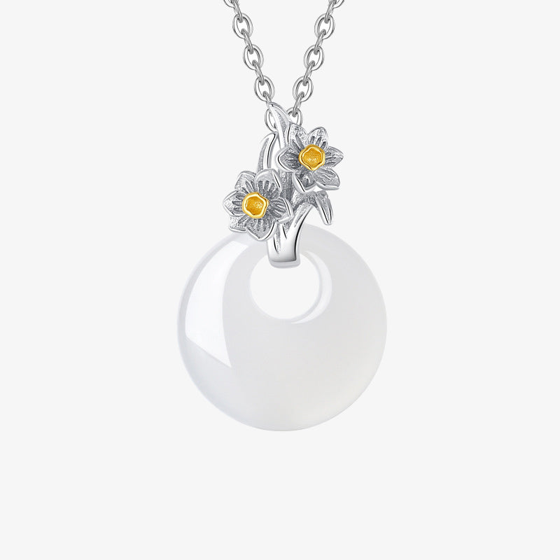 Buddha Stones 925 Sterling Silver Round Chalcedony Twelve Months Flower Harmony Necklace Pendant - Narcissus - image 27