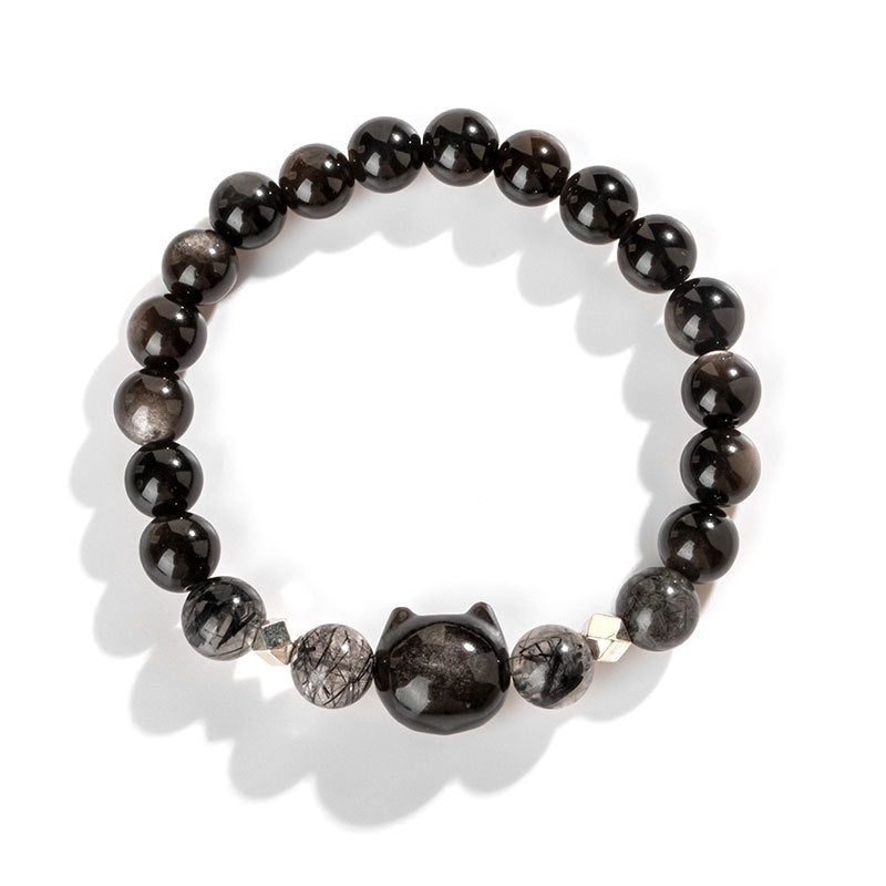 Buddha Stones Natural Silver Sheen Obsidian Cute Cat Head Protection Bracelet - image 6