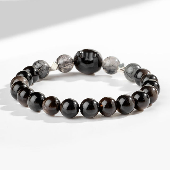 Buddha Stones Natural Silver Sheen Obsidian Cute Cat Head Protection Bracelet - image 4