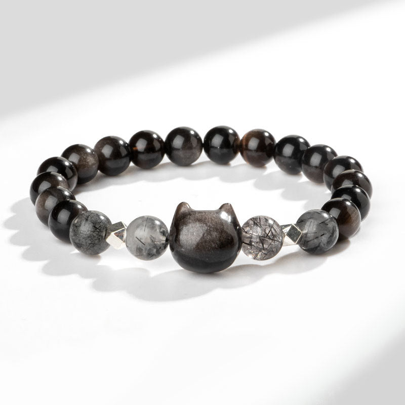 Buddha Stones Natural Silver Sheen Obsidian Cute Cat Head Protection Bracelet - Silver Sheen Obsidian(Wrist Circumference 14-15cm) - image 1