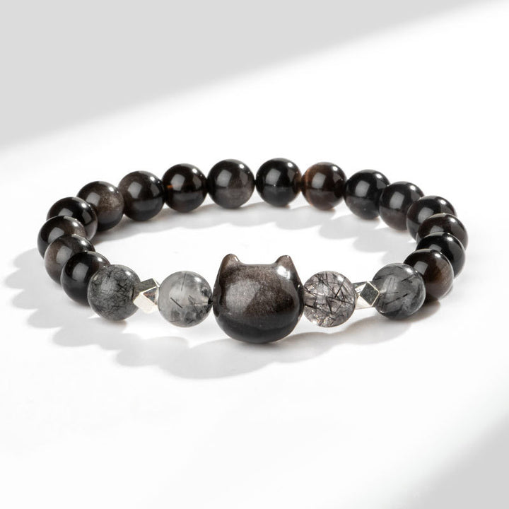 Buddha Stones Natural Silver Sheen Obsidian Cute Cat Head Protection Bracelet - Silver Sheen Obsidian(Wrist Circumference 14-15cm) - image 1