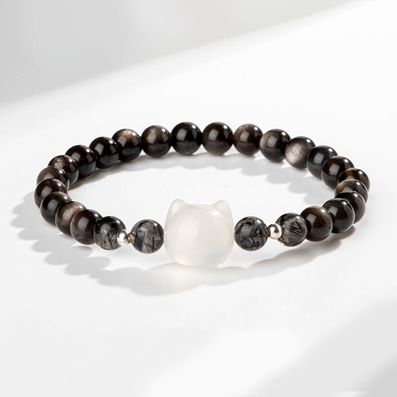 Buddha Stones Natural Silver Sheen Obsidian Cute Cat Head Protection Bracelet - Silver Sheen Obsidian&White Agate(Wrist Circumference 14-15cm) - image 7