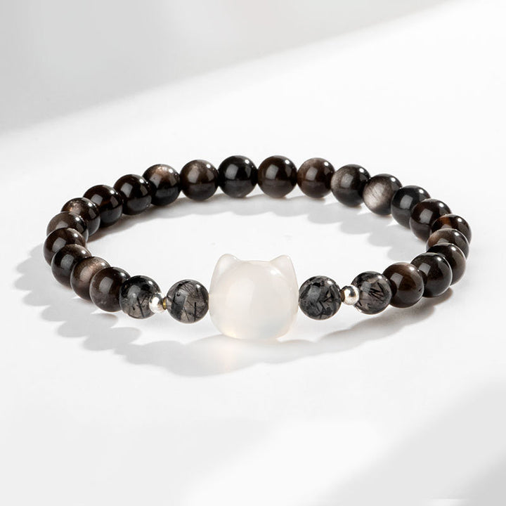 Buddha Stones Natural Silver Sheen Obsidian Cute Cat Head Protection Bracelet - Silver Sheen Obsidian&White Agate(Wrist Circumference 14-15cm) - image 7