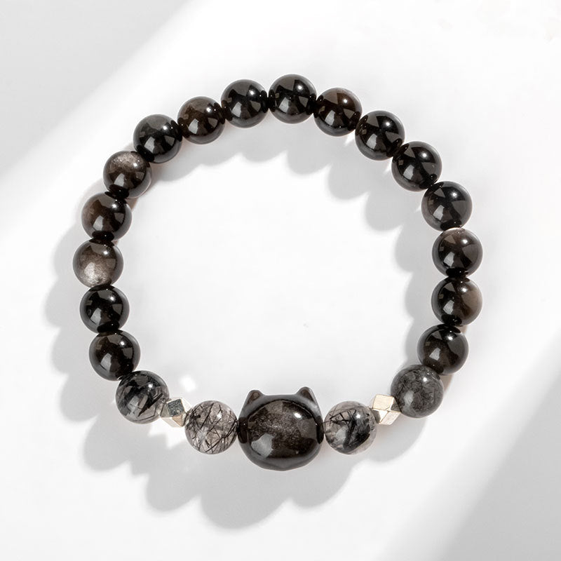 Buddha Stones Natural Silver Sheen Obsidian Cute Cat Head Protection Bracelet - image 3