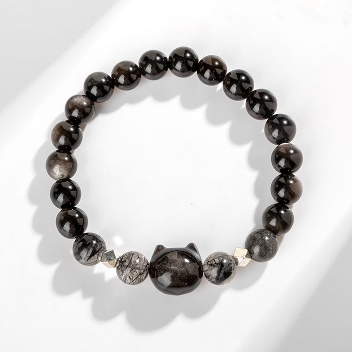 Buddha Stones Natural Silver Sheen Obsidian Cute Cat Head Protection Bracelet - image 3