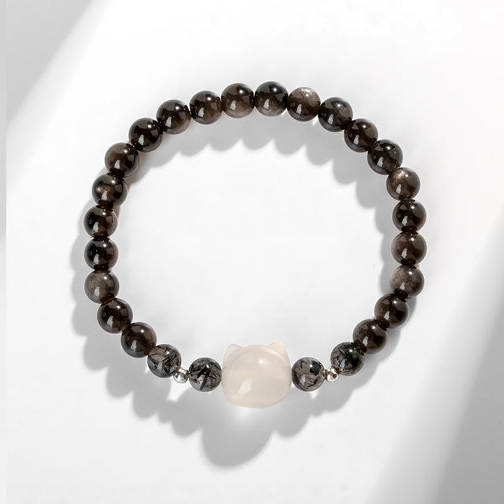 Buddha Stones Natural Silver Sheen Obsidian Cute Cat Head Protection Bracelet - image 8