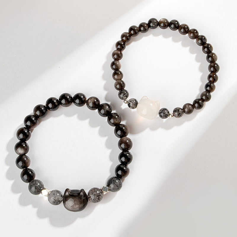 Buddha Stones Natural Silver Sheen Obsidian Cute Cat Head Protection Bracelet - image 2