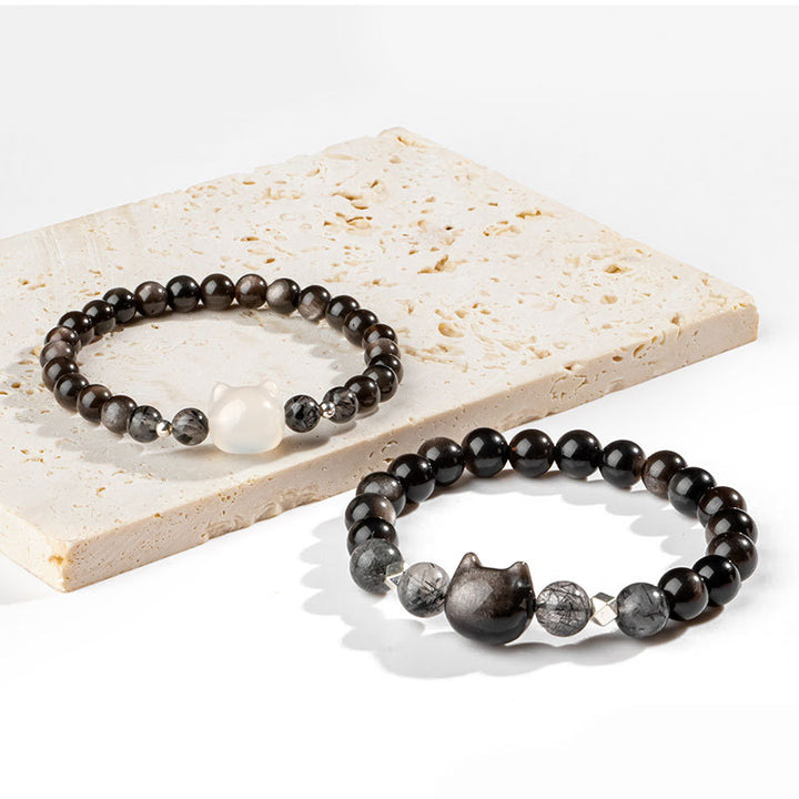 Buddha Stones Natural Silver Sheen Obsidian Cute Cat Head Protection Bracelet - image 10