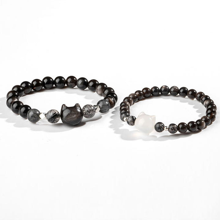 Buddha Stones Natural Silver Sheen Obsidian Cute Cat Head Protection Bracelet - image 9