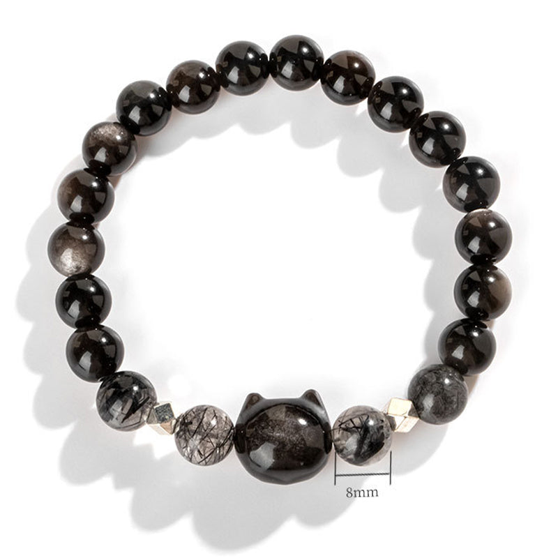 Buddha Stones Natural Silver Sheen Obsidian Cute Cat Head Protection Bracelet - image 5