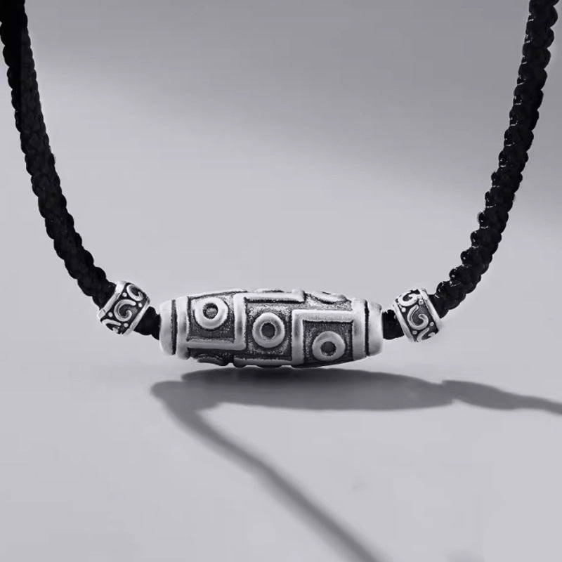 Buddha Stones 999 Sterling Silver Nine-Eye Dzi Bead Pattern Protection Rope Necklace Pendant - 999 Sterling Silver&Rope - image 0