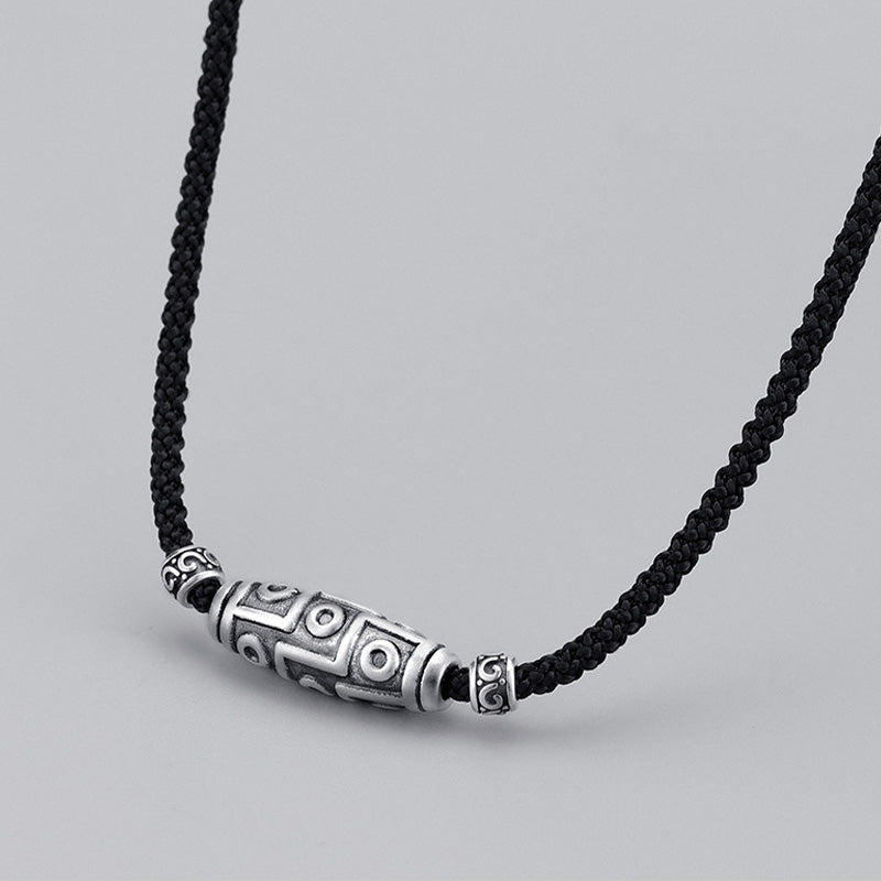Buddha Stones 999 Sterling Silver Nine-Eye Dzi Bead Pattern Protection Rope Necklace Pendant - image 1