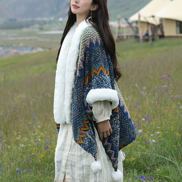 Buddha Stones Tibetan Multicolored Wavy Lines Knitted Striped Shawl Coat Winter Cozy Travel Scarf Wrap - image 3