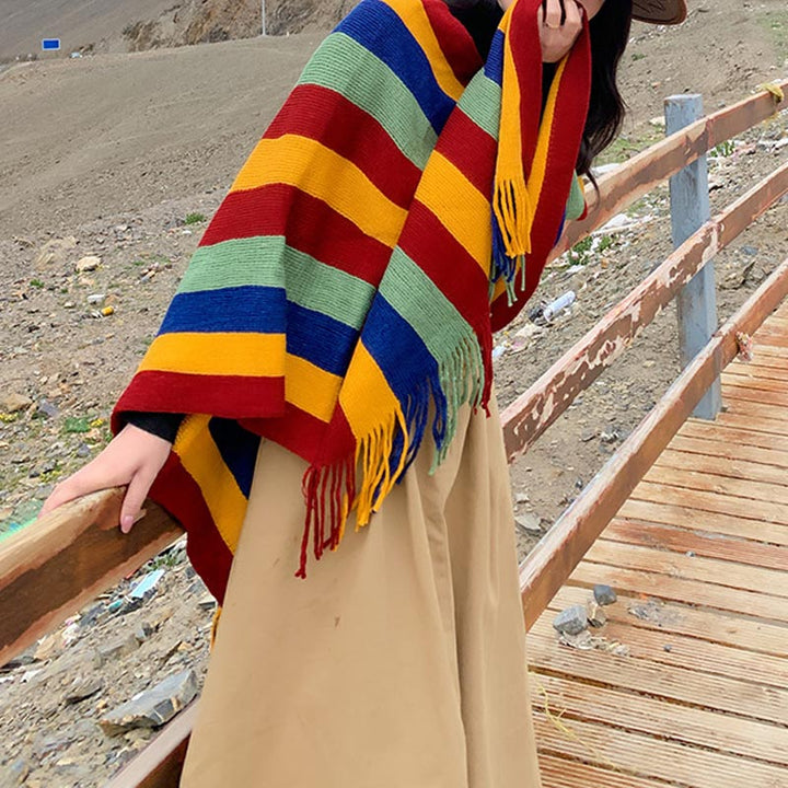 Buddha Stones Tibetan Colorful Striped Design Shawl Tassels Pullover Winter Cozy Travel Scarf Wrap - image 6