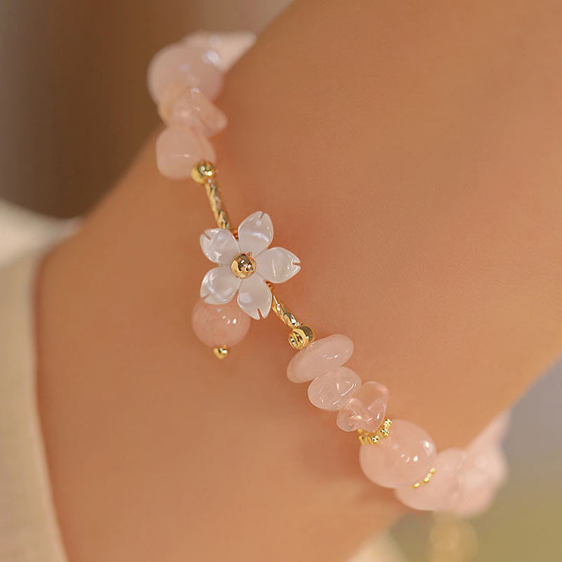 Buddha Stones 14k Gold Plated Natural Pink Crystal Flower Love Bracelet - Pink Crystal(Soothing♥Warmth)(Wrist Circumference 15-17cm) - image 0