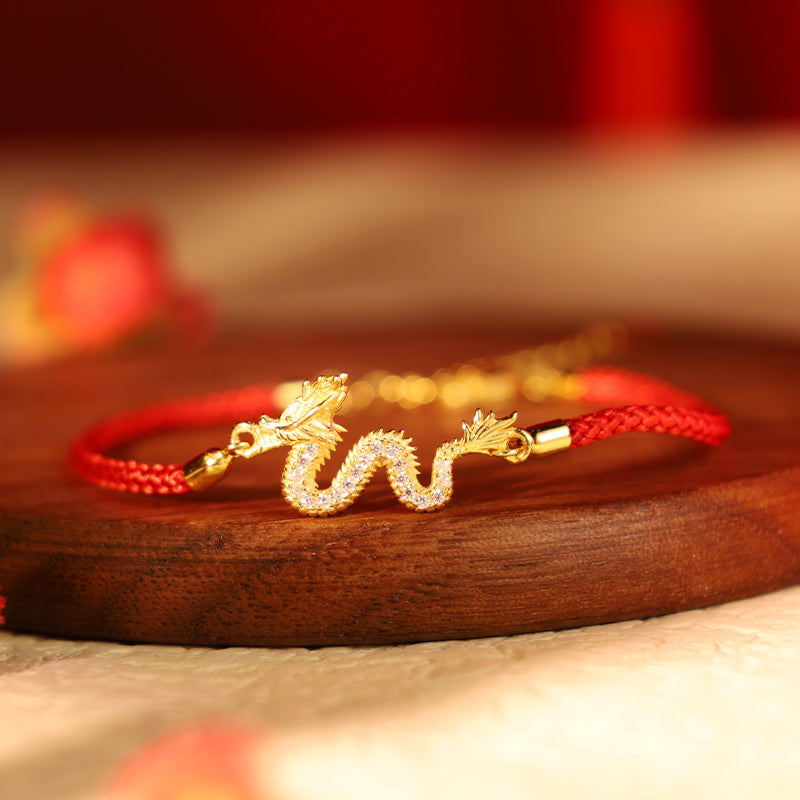 Buddha Stones 925 Sterling Silver Year Of The Dragon Auspicious Golden Dragon Luck Red Rope Chain Bracelet - ​Dragon Red Rope Bracelet(Wrist Circumference 14-18cm) - image 0