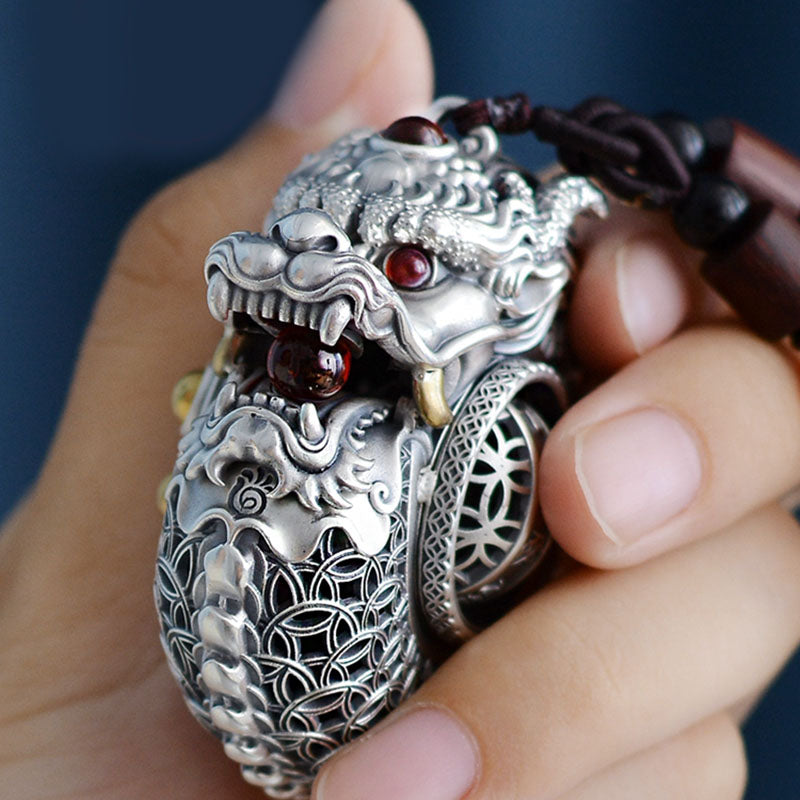 Buddha Stones 999 Sterling Silver Year of the Dragon Rotatable Ball Five Elements Copper Coin Strength Hanging Decoration - image 6