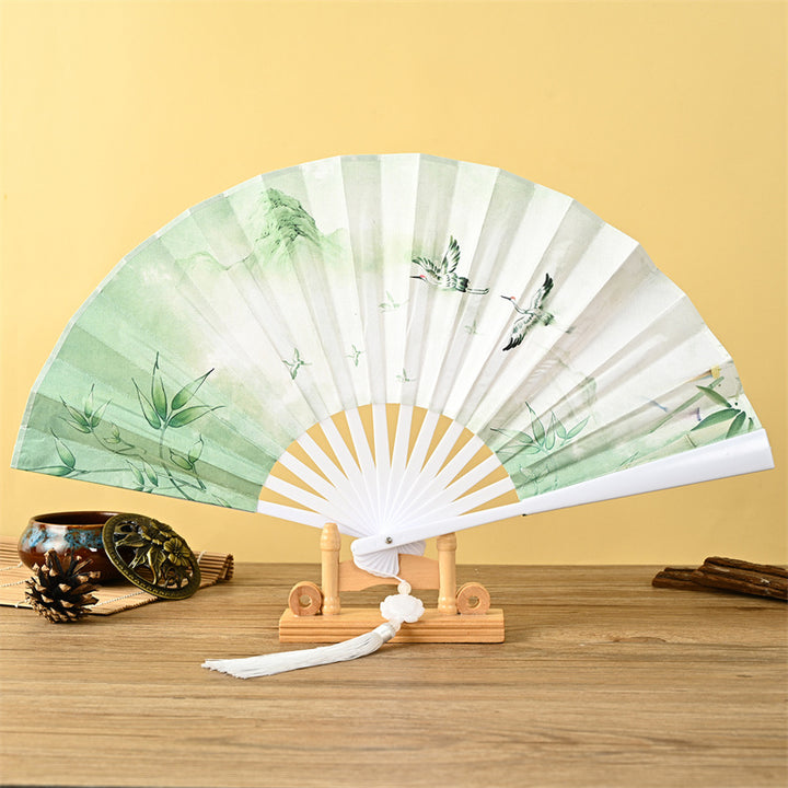 Buddha Stones Dragon Phoenix Tiger Crane Eagle Wolf Koi Fish Handheld Folding Fan Lotus Tassel Fan