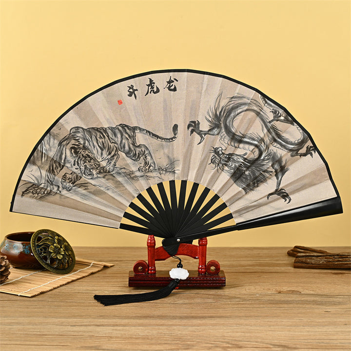 Buddha Stones Dragon Phoenix Tiger Crane Eagle Wolf Koi Fish Handheld Folding Fan Lotus Tassel Fan