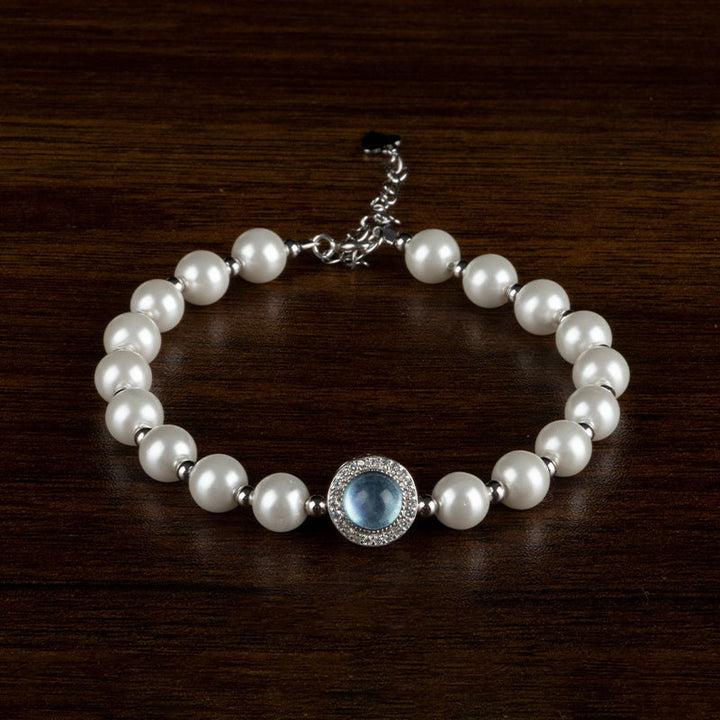 Buddha Stones 925 Sterling Silver Pearl Blue Chalcedony Healing Chain Bracelet Ring