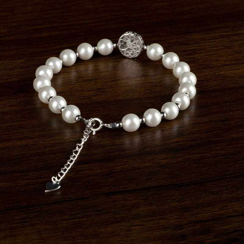 Buddha Stones 925 Sterling Silver Pearl Blue Chalcedony Healing Chain Bracelet Ring - image 1