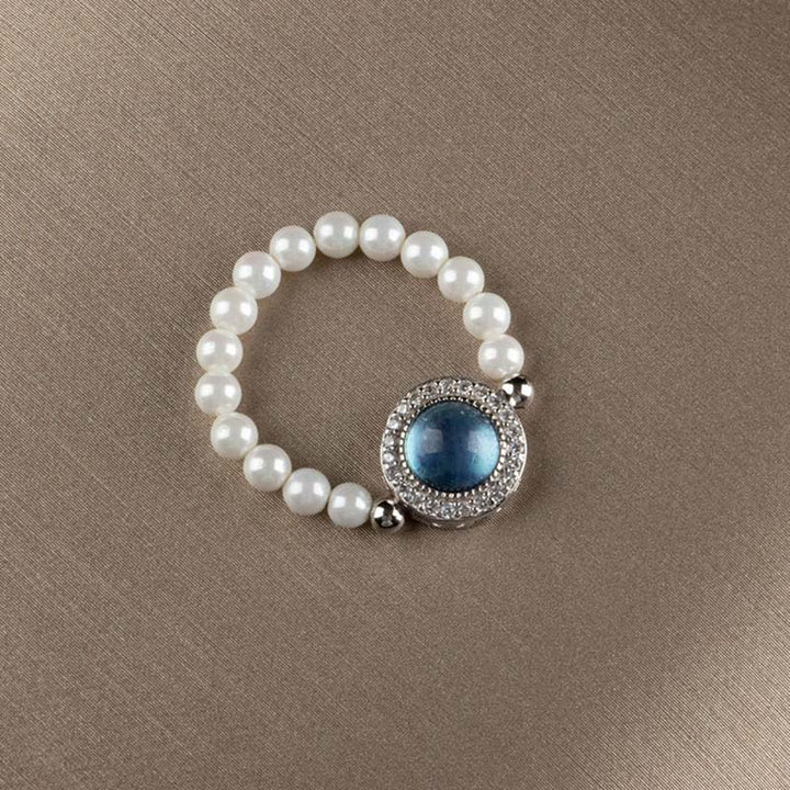 Buddha Stones 925 Sterling Silver Pearl Blue Chalcedony Healing Chain Bracelet Ring - image 6