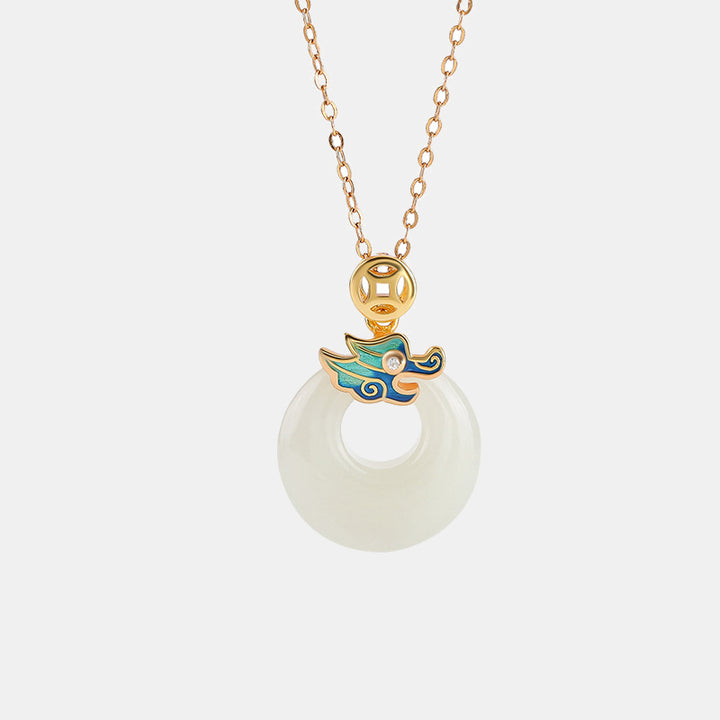 Buddha Stones 925 Sterling Silver Plated Gold Year of the Dragon Hetian Jade Peace Buckle Copper Coin Abundance Necklace Pendant - image 5