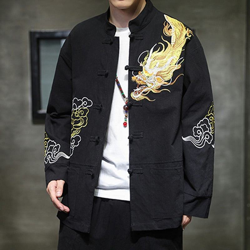 Buddha Stones Dragon Auspicious Cloud Embroidery Clothing Chinese Tang Suit Jacket Men Clothing