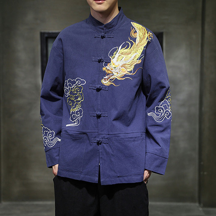 Buddha Stones Dragon Auspicious Cloud Embroidery Clothing Chinese Tang Suit Jacket Men Clothing