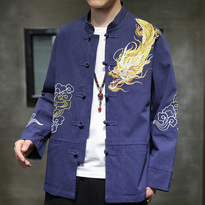 Buddha Stones Dragon Auspicious Cloud Embroidery Clothing Chinese Tang Suit Jacket Men Clothing