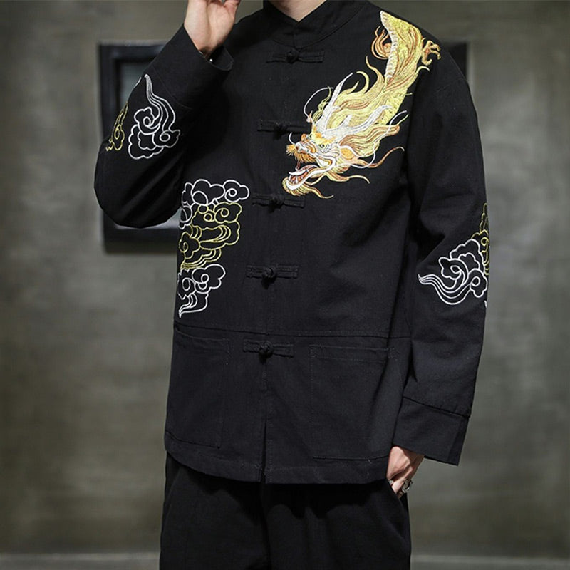 Buddha Stones Dragon Auspicious Cloud Embroidery Clothing Chinese Tang Suit Jacket Men Clothing