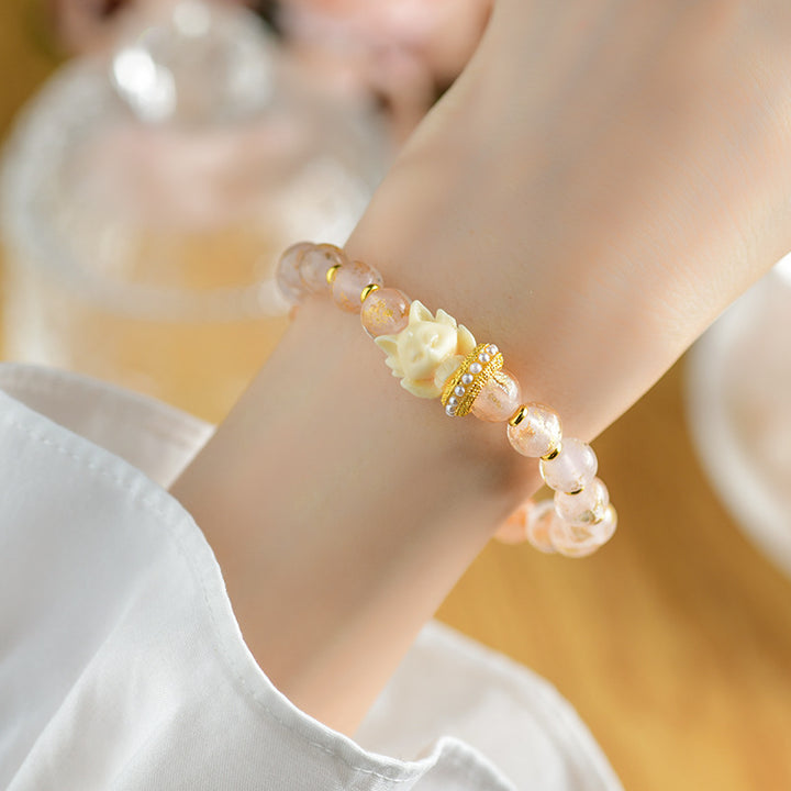 Buddha Stones Tibetan Incense Ash Liuli Glass Bead Lucky Nine Tailed Fox Lotus Charm Bracelet