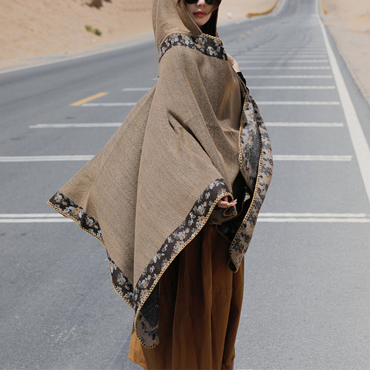 Buddha Stones Tibetan Shawl Border Small Floral Flower Hooded Cloak Winter Cozy Travel Scarf Wrap - Brown 150*130cm - image 35