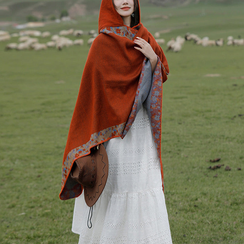 Buddha Stones Tibetan Shawl Border Small Floral Flower Hooded Cloak Winter Cozy Travel Scarf Wrap - image 2