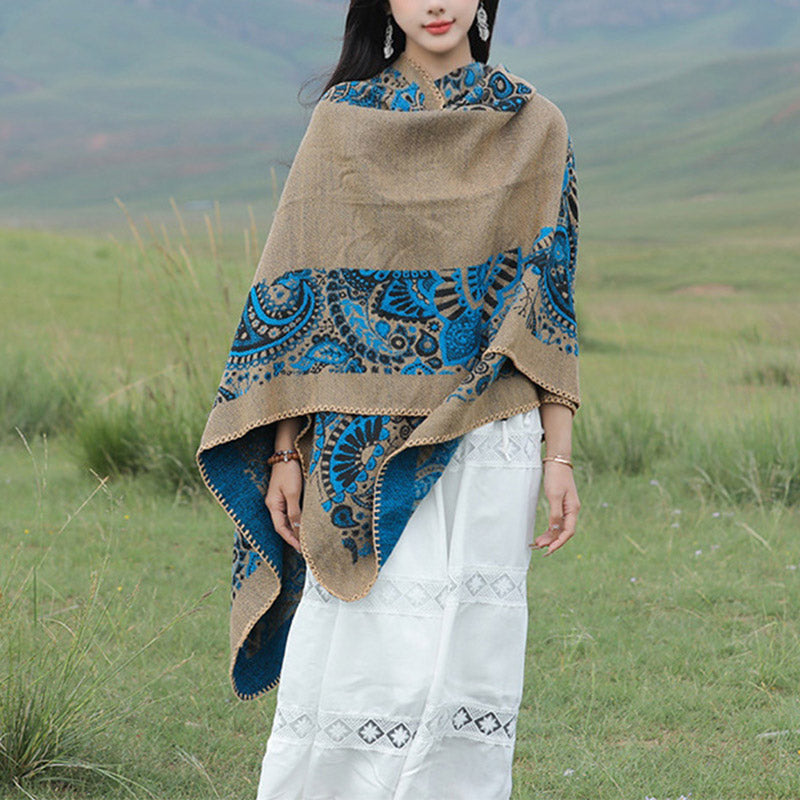 Buddha Stones Tibetan Shawl Simple Pattern Winter Cozy Travel Scarf Wrap - Blue Brown 150*130cm - image 21
