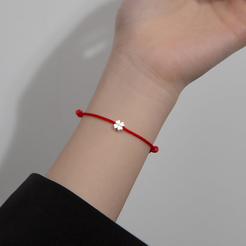 Buddha Stones 925 Sterling Silver Four Leaf Clover Red Rope Bracelet - image 5