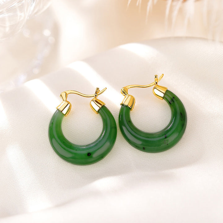 Buddha Stones 925 Sterling Silver Plated Gold Natural Round Hetian Cyan Jade Luck Drop Earrings - image 2