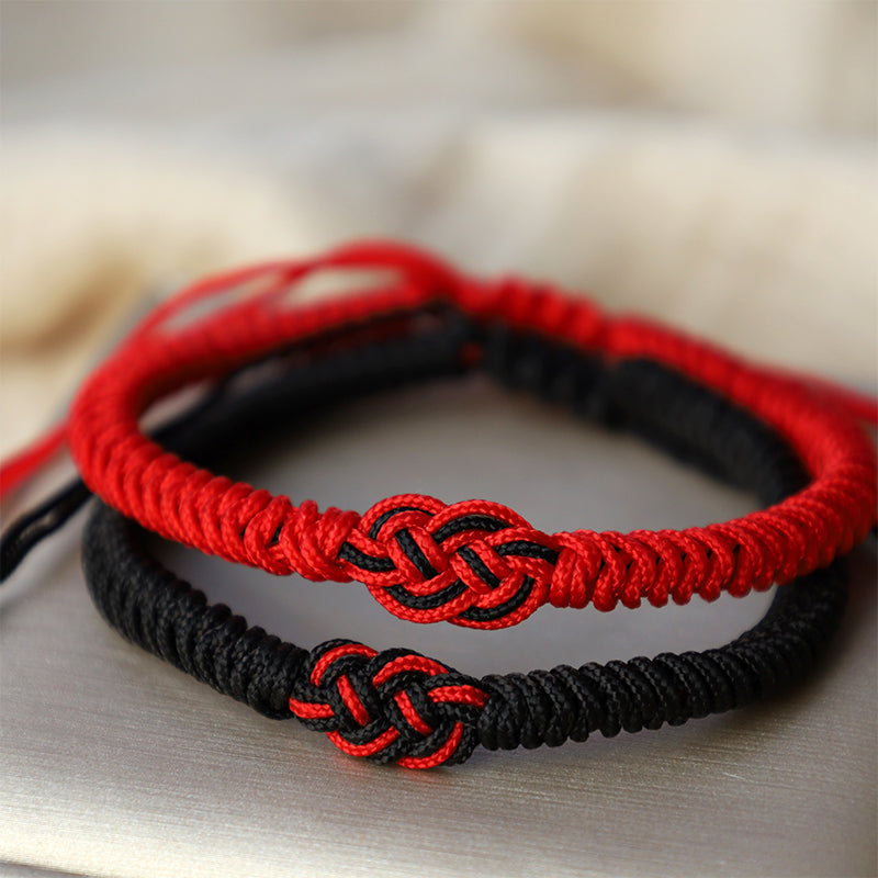 Buddha Stones 2Pcs Tibetan Luck Chinese Knot Protection String Bracelet - Red&Black(Bracelet Size 16-27cm) - image 0