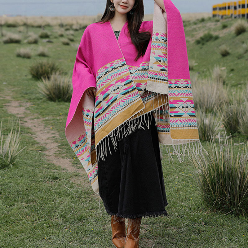 Buddha Stones Tibetan Shawl Colorful Geometry Winter Cozy Travel Scarf Wrap - Pink 150*130cm - image 32