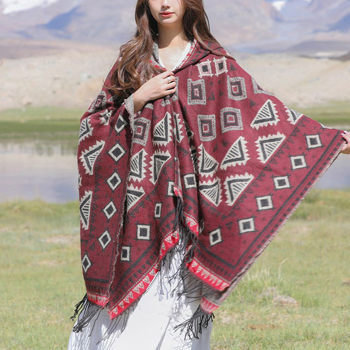 Buddha Stones Tibetan Shawl Triangle Pattern Hooded Cloak Winter Cozy Travel Scarf Wrap - Dark Red 130*150cm - image 10