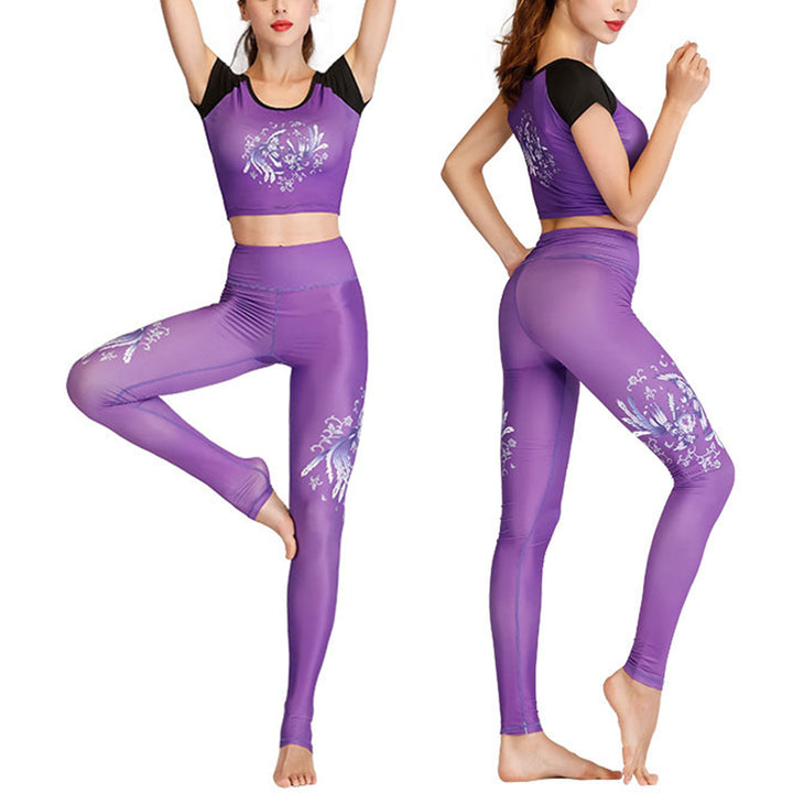 Buddha Stones 2Pcs Lotus Phoenix Spring Flowers Peacock Top Pants Sports Fitness Yoga Women's Yoga Sets