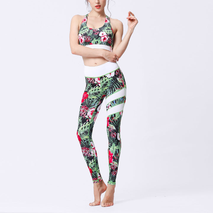 Buddha Stones 2Pcs Sunflower Flowers Leaves Top Pants Sports Fitness Yoga Women's Yoga Sets - Green Red Flowers - US8-10，UK/AU12-14，EU40-42 (XL)  - image 4