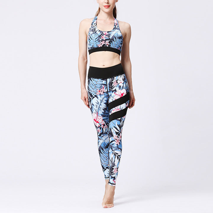 Buddha Stones 2Pcs Sunflower Flowers Leaves Top Pants Sports Fitness Yoga Women's Yoga Sets - Blue Leaves Pink Flowers - US8-10，UK/AU12-14，EU40-42 (XL)  - image 21