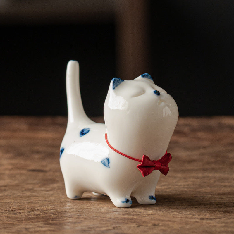Buddha Stones Mini Lucky White Cat Kitten Tea Pet Ceramic Home Desk Figurine Decoration - White Kitten(Red Bow Style) 8.9cm*3.7cm*7.6cm - image 13