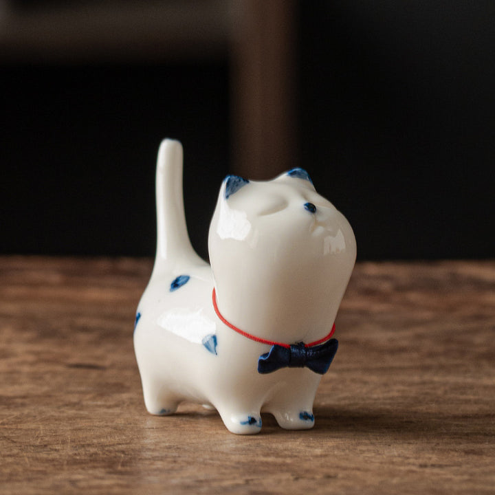 Buddha Stones Mini Lucky White Cat Kitten Tea Pet Ceramic Home Desk Figurine Decoration - White Kitten(Blue Bow Style) 8.9cm*3.7cm*7.6cm - image 15